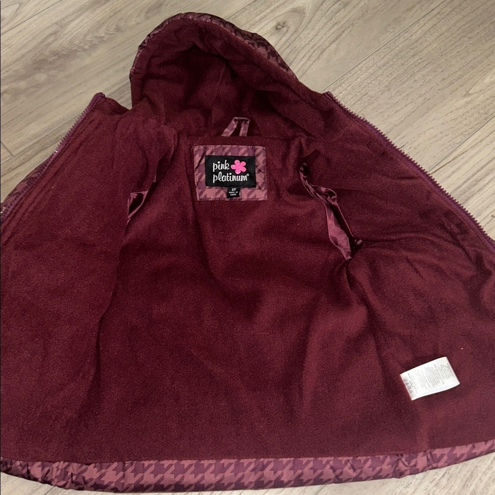 Pink Platinum Toddler Burgundy Houndstooth Puffer Jacket Fleece Lined 2T - Picture 6 of 7